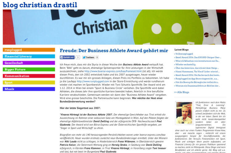 Ausblick: Am 1.12. wird mit der Sporthilfe der "Runplugged Business Athlete Award" an ehemalige Spitzensportler, die jetzt in der Wirtschaft erfolgreich sind, vergeben - http://www.christian-drastil.com/blog/2014/04/25/freude_der_business_athlete_award_gehort_mir